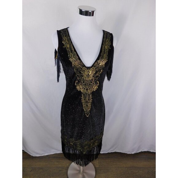 Small Black Gold 1920s Flapper Fringe Dress Glam - Picture 1 of 11